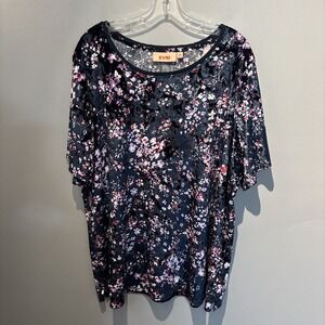 Evri Women's Size 2X Short Sleeve Floral Blue Pink Velvet Blouse Artsy